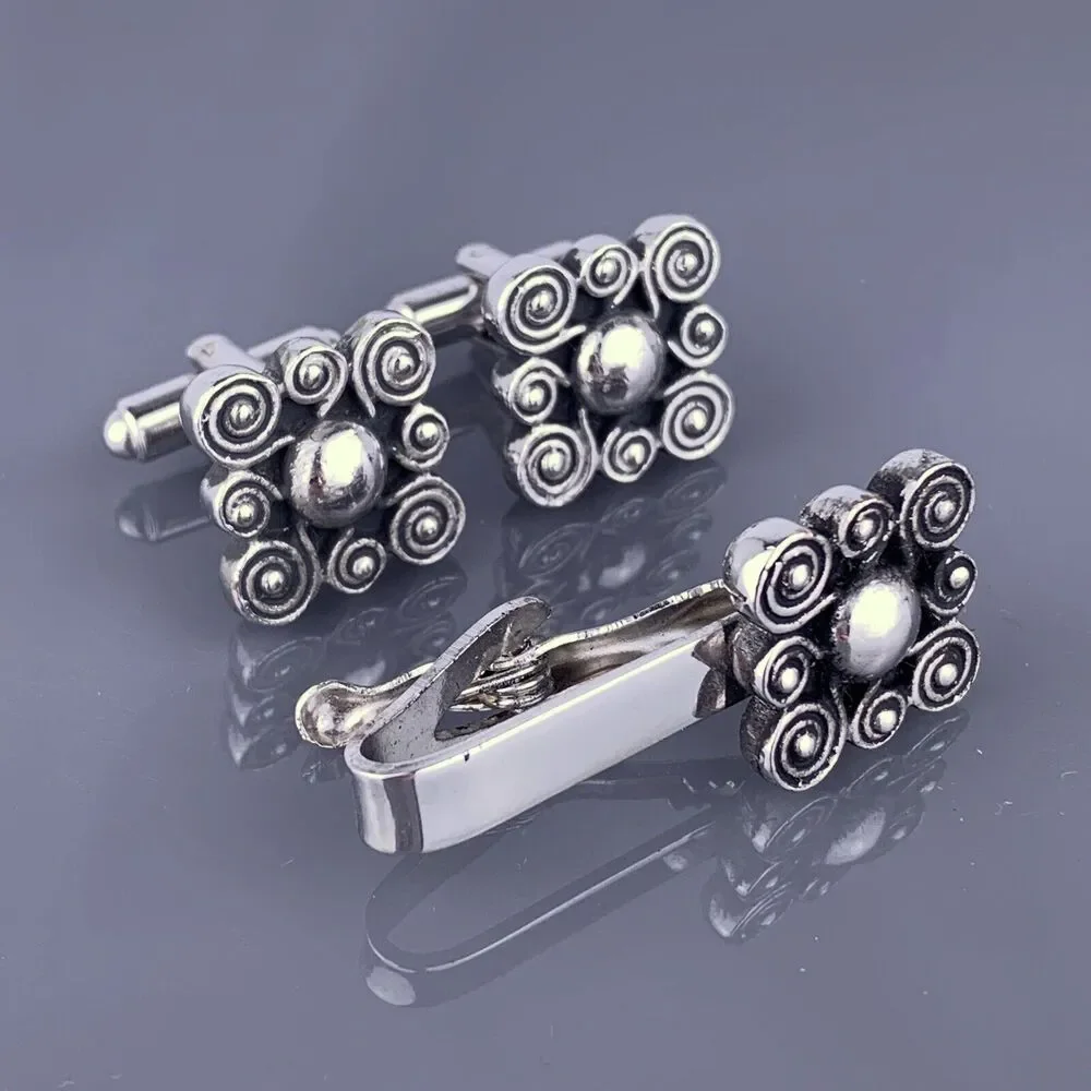 Swirl Spiral Silver Tone Cufflinks Tie Pin Square Scrolls Swoops Vintage